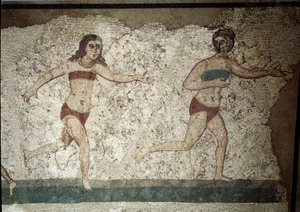 Roman art: young Romans engaged in physical exercises. They wear a loincloth around the kidneys and a strophium (ancestor of the bra) on the chest. (detail) of mosaic 315-350 AD. Piazza Armerina, Villa Romana del Casale by Roman