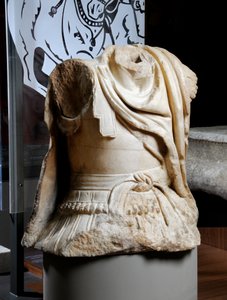 Sculpted torso of a cavalryman thought to be a copy of an original bronze statue of Alexander the Great, c.75-25 BC by Roman