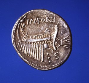 Silver coin representing a galley, 91 A.D.