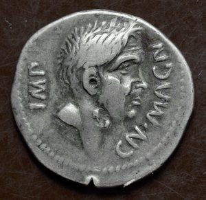 Silver coin with the effigy of Pompey the Great by Roman
