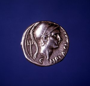 Silver coin with the effigy of Scipio the African (235 BC - 183 BC) by Roman