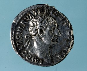Silver coin with the effigy of the Roman Emperor Nerva (26 - 98). by Roman