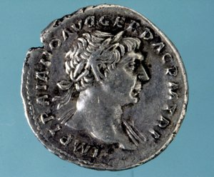 Silver coin with the effigy of the Romanesque emperor Trajan. Collection of the medagliere of Milan by Roman