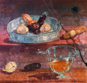 Still life with garlic, dates and honey, two gold and silver coins between fruit, wall painting from House of Deer, Herculaneum