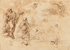 Studies for a Biblical Scene with God the Father Appearing to a Bearded Male Figure by Roman 17th Century