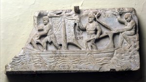 Cover of a sarcophagus with a symbolic representation of a ship named Thecla: Saint Paul holds the rudder and maneuvers the sail by Roman Roman