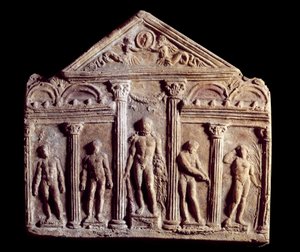 Decorative Terracotta Plaque Representing a Temple with Statues by Roman Roman