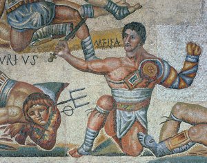 Mosaic showing a scene of fighting gladiators (detail)