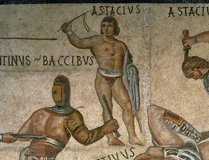 Mosaic with a scene of fighting gladiators (detail)