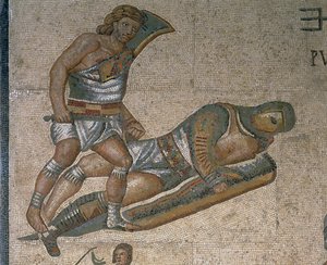 Mosaic with a scene of fighting gladiators (detail) by Roman Roman