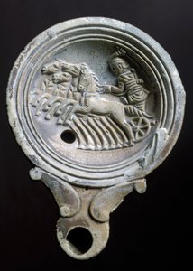 Oil Lamp Depicting a Racing Carriage with Four Horses by Roman Roman