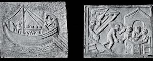 Relief depicting a merchant ship and relief depicting the unloading of a ship by Roman Roman