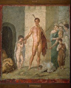 Representation of Theseus liberating the seven young men from the maze after triumph over the Minotaur. Fresco from the Villa de Gavius Rufus in Pompei. Archaeological Museum of Naples by Roman Roman