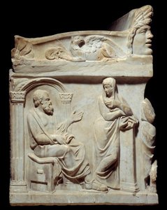 Roman antiquity: Sarcophagus of the Muses. This sarcophagus is adorned with the representation of the nine muses and, on the small sides, portraits of the philosopher Socrates and the poet Hesiod. Here, Socrates, Greek philosopher, with his m