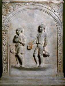 Burial altar depicts two servants carrying objects for sacrifice. Low relief by Roman Roman