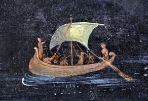 Roman Art: River Scene - Boat and Sailors on a River - Fragment of a Pompei Fresco Preserved at the Archeological Museum of Naples, Italy