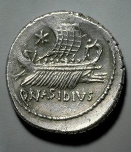Roman Art: Silver Coin Depicting a Galley by Roman Roman