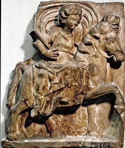 Roman art: the goddess Epona, deity of Gallic origin, patron of horsemen and travelers. Limestone stele found in Gannat (Allier), Auvergne. Saint Germain en Laye. Museum of National Antiquities