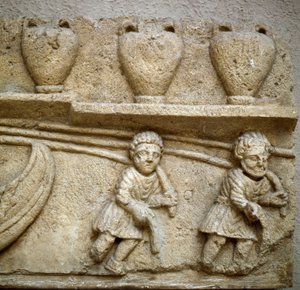 Roman art: the hauling of a boat loaded with barrels destined for trade (detail) by Roman Roman