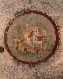 Round with Houses and Buildings, detail of fresco from House of Centenary, Pompeii, Campania, Roman Civilization (detail) by Roman Roman