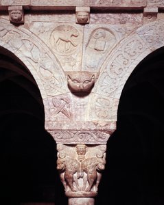 Detail of the lamb of God and symbol of evangelist Luke, carved on the tribune of the Priory by Romanesque