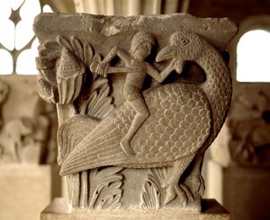 Representation of a combat between a man and a bird (carved capital of the chapter house) by Romanesque