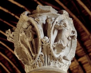 Tones of Gregorian chant: the third one (passion and resurrection of Christ) and Tintinrection of Christ (on the right), Capital of the choir (sculpture)