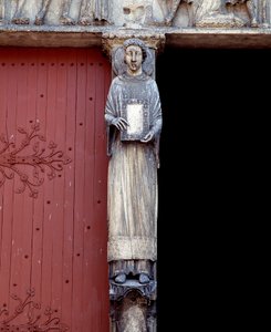 View of a sculpture on the central pillar of the central portal (1140-1200) by Romanesque