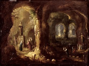 Grotto with Statues and Numerous Figures Worshipping Idols (St Simeon Stylites) by Rombout van Troyen