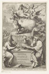 Allegorical Figure with Jewish Man Title Page for: John Lightfoot, Opera Joannis Ligtfooti Omnia, 1686 by Romeyn de Hooghe