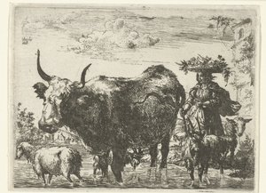 Shepherdess with Basket on Head, a Cow, Two Goats, and Two Sheep in the Water by Romeyn de Hooghe