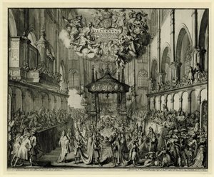Choir of Westminster Abbey with the Funeral for the Queen, 1695 by Romeyn de Hooghe