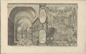 Turkish Mosque in Constantinople; Imperial Court in China (Interior of the Mosque of St. Sophia, in Constantinople) (Magnificence of the Court of the Emperor of China) by Romeyn de Hooghe