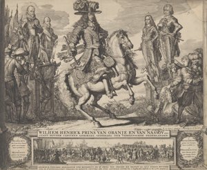 William III as Prince of Orange, with the four preceding Stadthouders, William I, Maurice by Romeyn de Hooghe