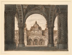 Stage Design, Church Facade from a Loggia, I due Valdomiri by Felice Romani, music by Pietro de Winter. Performed at La Scala, Milan, 1818