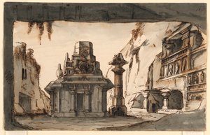 Stage Design, Oriental Buildings Amidst Caves and Rocks by Romolo Achille Liverani