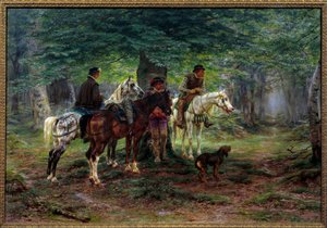 Horsemen surprised by a rain (17th century). In a forest, men on horseback shelter under a tree waiting for the rain to stop falling