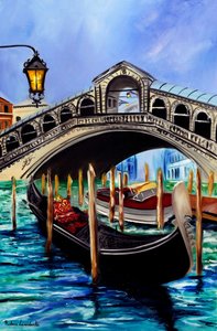Gondolas at the Rialto Bridge in Venice, 2023