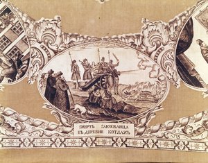 The execution of the False Dimitri, detail from a shawl depicting the history of the royal imposter by Russian School