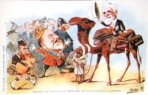 Caricature of the arrival of President of the French Republic, Emile Loubet in London in 1903 by Salomon Assus
