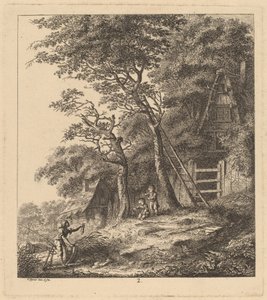 A Fisherman and Two Children in a Landscape with Thatched Cottages by Salomon Gessner