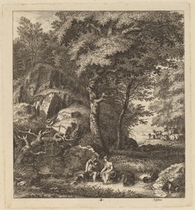A Shepherd and a Young Woman With Their Feet in a Brook