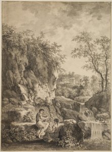 Rocky Landscape with a Stream. In the Foreground a Young Man with a Reed Flute and a Young Woman by Salomon Gessner