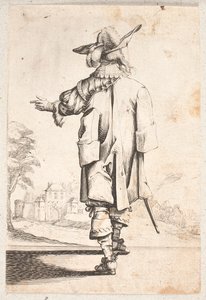 Cavalier Seen from Back: Gestures with Left Hand, Wears Cape and Plumed Hat, Walled Town and Gate Beyond by Salomon Savery