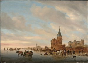 Winter Landscape with Ice Pleasures in Front of a Capriccio of the City of Arnheim, 1652 by Salomon van Ruisdael or Ruysdael