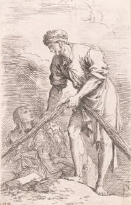A man pulling a net with two figures behind him, from the series 