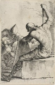 A Warrior, Seated on a Foreground Block, Holds a Shield and Staff and Turns Toward Two Warriors Behind Him, from Figurine Series by Salvator Rosa