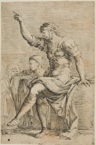 A warrior sits on a block and gestures; two figures are behind him, from Figurine series