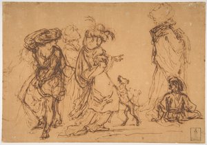 Five Figures in Fantastic Costumes with Two Dogs