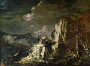 Rocky Landscape with a Huntsman and Warriors by Salvator Rosa